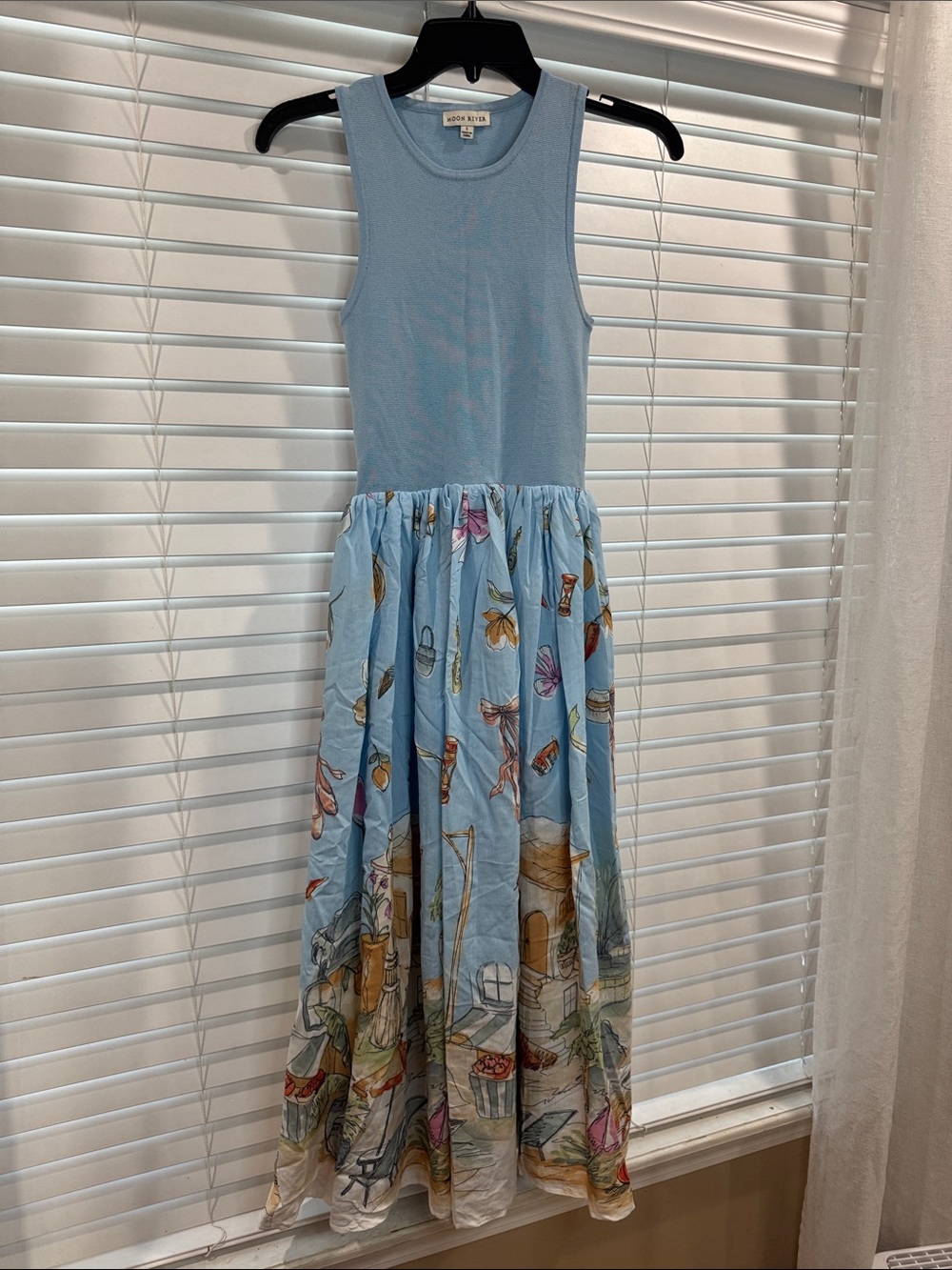 Moon River Light Blue Sleeveless Maxi Dress with Seaside Print